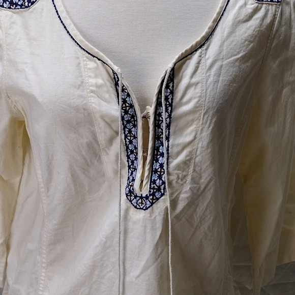 EDDIE BAUER 3/4 SLEEVE TIE NECK IVORY BLOUSE 100% COTTON SHIRT EMBROIDERY TOP LP - Picture 5 of 8